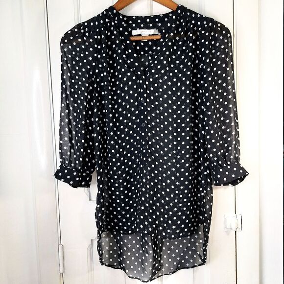 LC Lauren Conrad Tops - LC Lauren Conrad Sheer Black & White Button-Up Polkadot Puff Sleeve Blouse Sz XS
